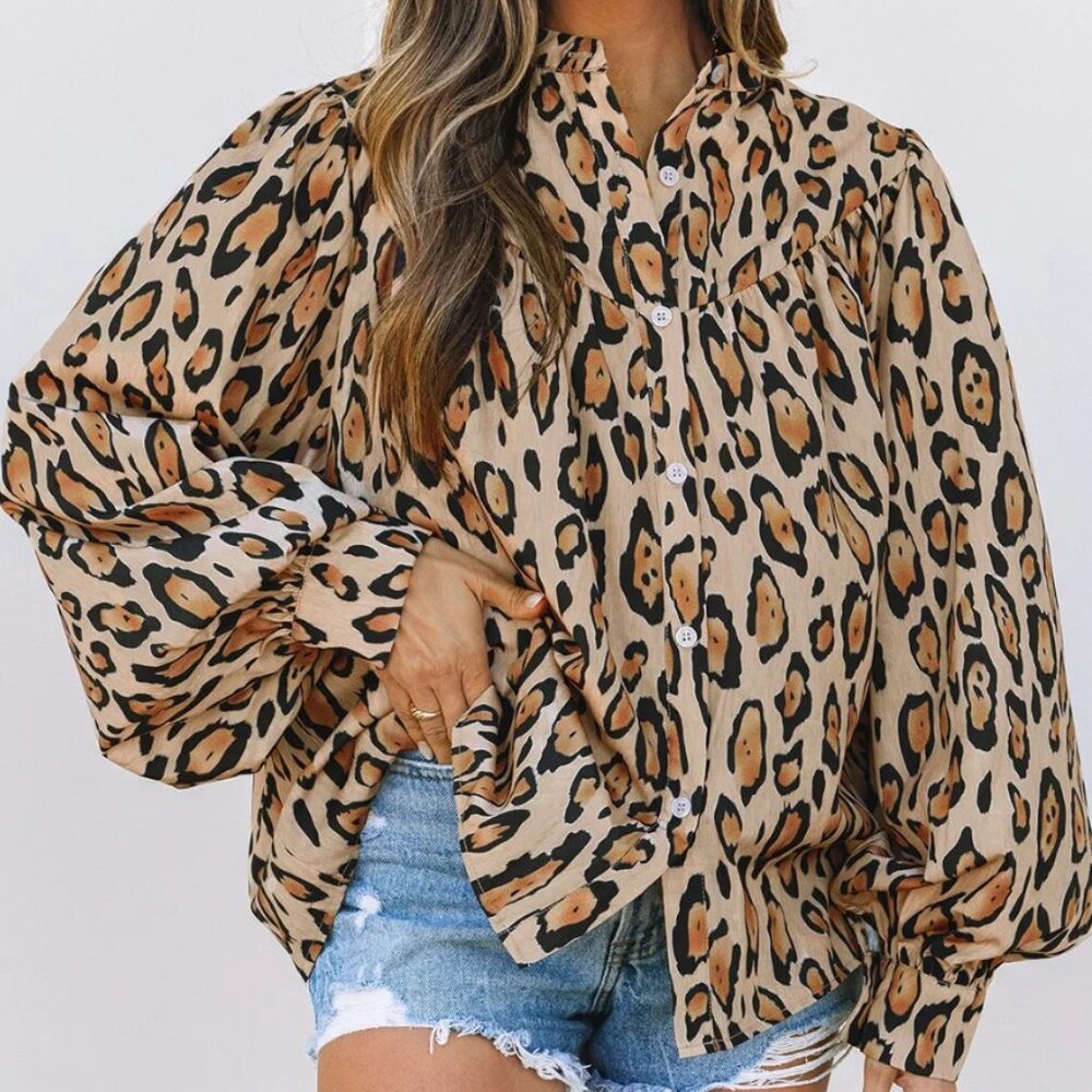 Oversized Balloon Sleeve Leopard Button-Up Blouse - Picture 2 of 5